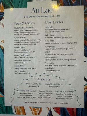 Menu - Teas & Elixirs / Cold Drinks / Desserts at Au Lac - DTLA in Los Angeles