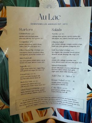 Menu - Starters / Salads at Au Lac - DTLA in Los Angeles
