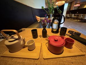 Two pots of tea. We had genmaicha and a fruity one  at Au Lac - DTLA in Los Angeles