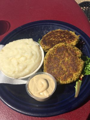 Crabless cakes and mashed potatoes  at World Peace Cafe in Baltimore