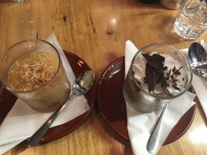 Coconut Flan and Chocolate Mousse at Vege Rama in West End