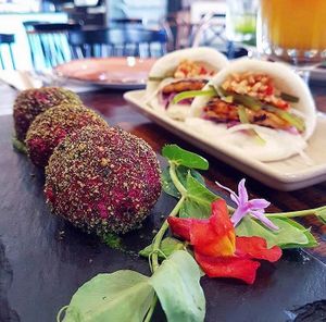 Beetroot Bites with Coriander Chutney [V/GFO/NF/OGF] & Steamed Bao Buns [V] at Vege Rama in West End