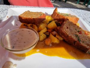cashew loaf with veggies and  herb sauce (vegan) at Gasthaus am Predigtstuhl in Vienna
