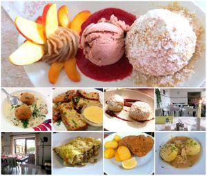 Austrian Vegan Dishes:
Chestnut Creme and home made Ice cream, Dumplings with Mushroom Sauce, Cashewnut Roast, Sweet Apricot Dumplings, Vegetable Lasagna, Cordon Blue, Dumplings in pickled cabbage at Gasthaus am Predigtstuhl in Vienna