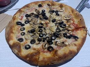 Vegan “cheese” on “build-your-own” pizza (with black olives, garlic & mushroom) at Mellow Mushroom in Clearwater