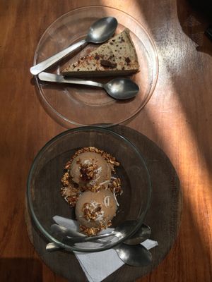 Banana ice cream and chocolate orange cake at Co.ConAmor in Tulum