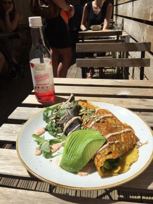 Chickpea Omelette and Kombucha  at The Garden in Hale