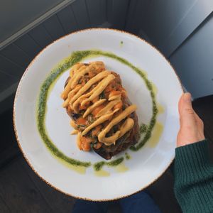 the sweet potato jacket w homemade beans, kale and cashew cheese  at The Garden in Hale