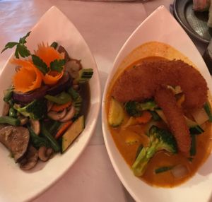 eggplant dish & pumpkin red curry at Thai Time Asian Bistro in Santa Rosa