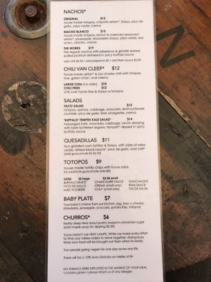 Menu side B at Tucos Taco Lounge in Sudbury