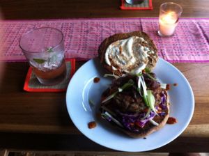 Curry burger from Coco Hill, Dec, 2014 at Coco Hill in Bocas Del Toro