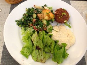 Classic veggie items: hummus, tabbouleh, fattoush, falafel. at Casa Libano in Sao Paulo