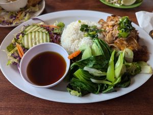 Spicy Tofu rice plate with added vegetables at Lilly's Cafe in New Orleans