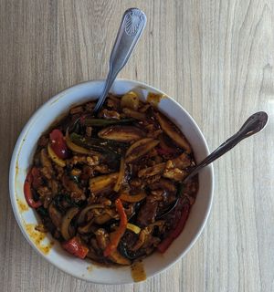 Red Curry Soy Curl Noodles at Shandong in Portland