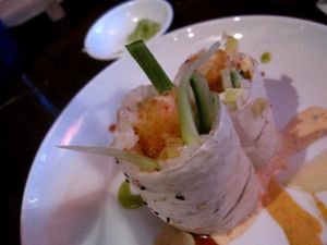 Hawaii sushi : vegan shrimp in tempura, pineapple, cucumber, spicy sauce with coconut and mango.

Very tasty, and the fruits make it kinda sweet. at Sushi Momo in Montreal