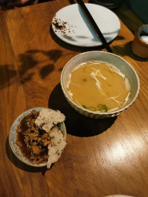 Miso soup, oyster shooter at Sushi Momo in Montreal