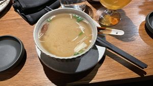 Miso soup starter at Sushi Momo in Montreal
