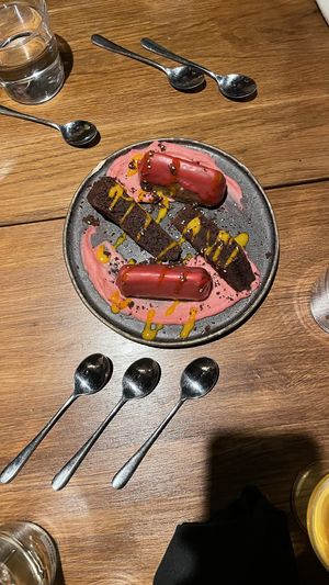 Chocolate cake with matcha icing at Sushi Momo in Montreal