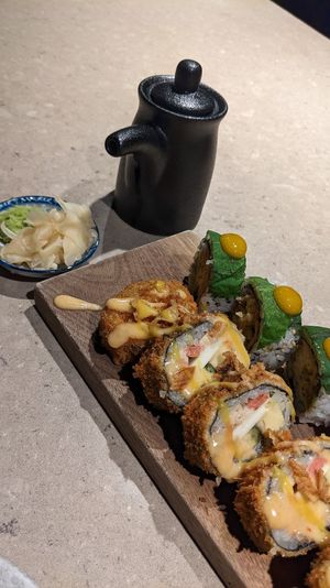 Sushi roll "momo" and tempura sushi "Croque Madame" at Sushi Momo in Montreal