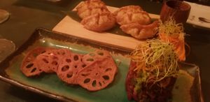 “Beef” (Beet) tartare and fried gyoza. at Sushi Momo in Montreal