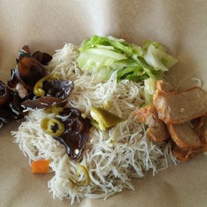 Bee hoon with 3 dishes $3.30 at Zhen Vegetarian 镇斋素食 in West Singapore