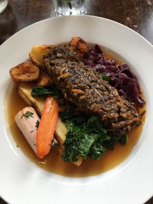 Lentil loaf Sunday roast dinner   at The Red Lion Pub in East London