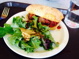 Gardein 'meatball' sub with Daiya cheese at Raven's Nest in Whistler