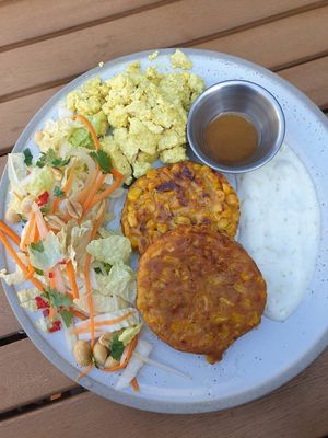 Thai style corn fritters $20.50 with tofu scramble (+$4.00) at Heal.Thy Self Co in Yarraville