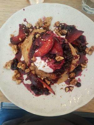 Weekly special pancakes-plum and candied walnuts at Heal.Thy Self Co in Yarraville