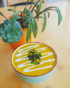 Creamy pumpkin soup at Veganatural in Giessen