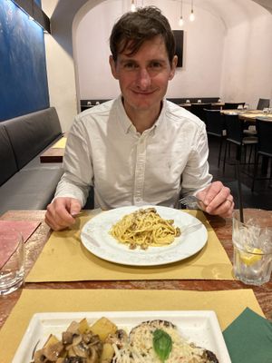 Vegan spaghetti carbonara   at Origano Trevi in Rome