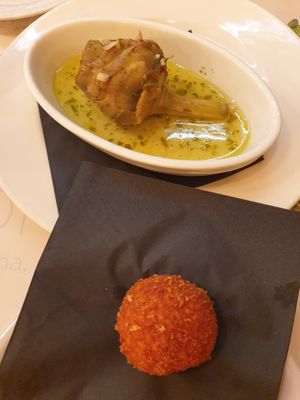 Roman style artichoke €8.00, Suppli €2.50 at Origano Trevi in Rome