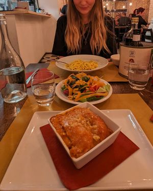 Vegan lasagne, vegan carbonara and a salad at Origano Trevi in Rome
