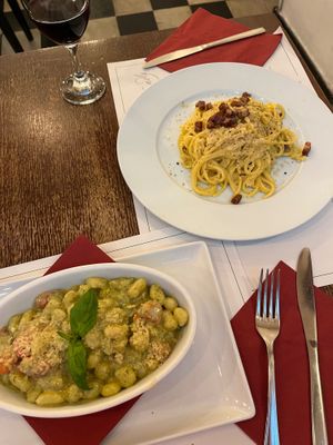 Pesto gnocchi and carbonara  at Origano Trevi in Rome