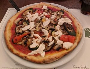 Origano vegan pizza with aubergine, mushrooms, peppers and tofu at Origano Trevi in Rome