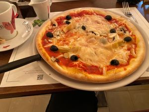 Vegan pizza with artichoke, mushrooms, olives, vegan cheese. €13 at Origano Trevi in Rome
