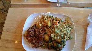 the buffet has a different theme each day, this is from Indian Tuesdays. (Please source vegan meats for the  tikka) at Jungle Cafe in Brooklyn