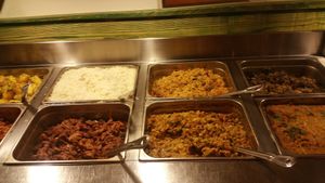 buffet is separated into hot food on the left, cold on the right, this is the hot food from Indian themed tuesdays, tikka on bottom left, the tastiest (but most processed) at Jungle Cafe in Brooklyn