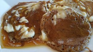 gluten free vegan pancakes, vegan butter, maple syrup (buffet), past is prologue. at Jungle Cafe in Brooklyn