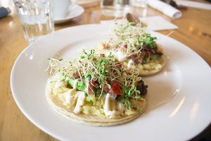 Polish Mushroom Tacos with Avocado, Vegan Crema, Pico de Gallo, Sprouts at Jungle Cafe in Brooklyn