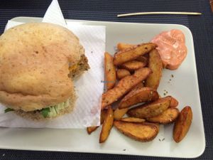 burger and fries  at Black Mamba Burgers and Records in Porto