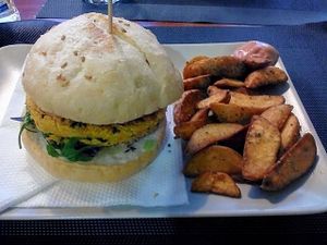 burger and sweet potatos fries at Black Mamba Burgers and Records in Porto