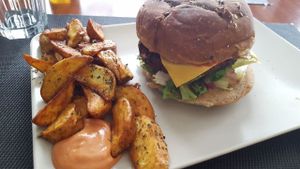 Vegan burger and fries at Black Mamba Burgers and Records in Porto
