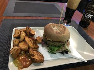 Vegan burger, fries and Super Bock! Yum! (April 2018) at Black Mamba Burgers and Records in Porto