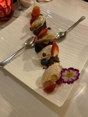 Two different types of mouse complimented by strawberries and blackberries    at Ristorante Da Mario alla Fava in Venice
