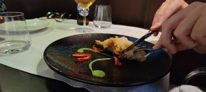 Zucchini flower with pumpkin puree at Ristorante Da Mario alla Fava in Venice