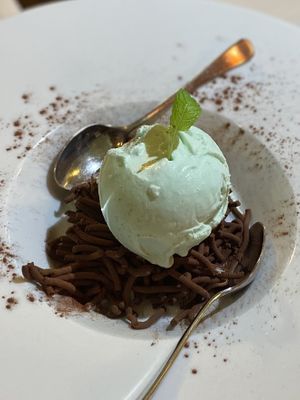 Chocolate spaghetti with mint ice cream  at Ristorante Da Mario alla Fava in Venice