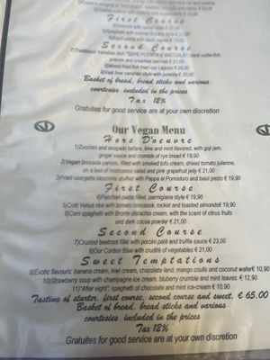 Vegan menu  at Ristorante Da Mario alla Fava in Venice