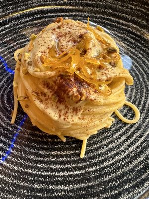 Corn spaghetti w/ Bronte pistachio crème + hints of citrus & bitter cocoa powder - delish!!  at Ristorante Da Mario alla Fava in Venice