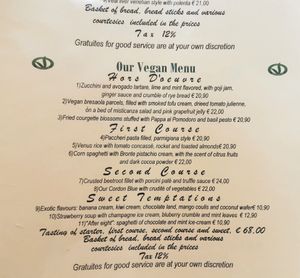 Vegan section of the menu at Ristorante Da Mario alla Fava in Venice